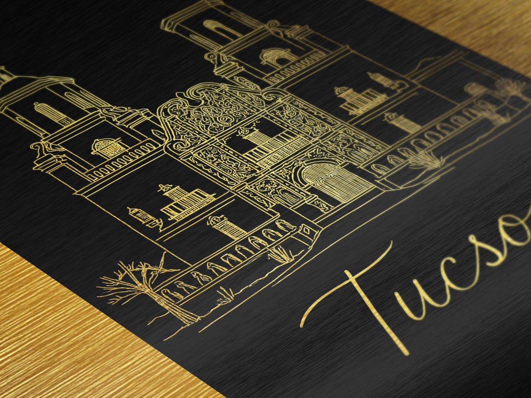 Tucson Arizona Art, Metallic Gold Art, Wood Framed Art, Metal Art, Minimalist Wall Art, Anniversary Travel Gift, Bedroom Decor