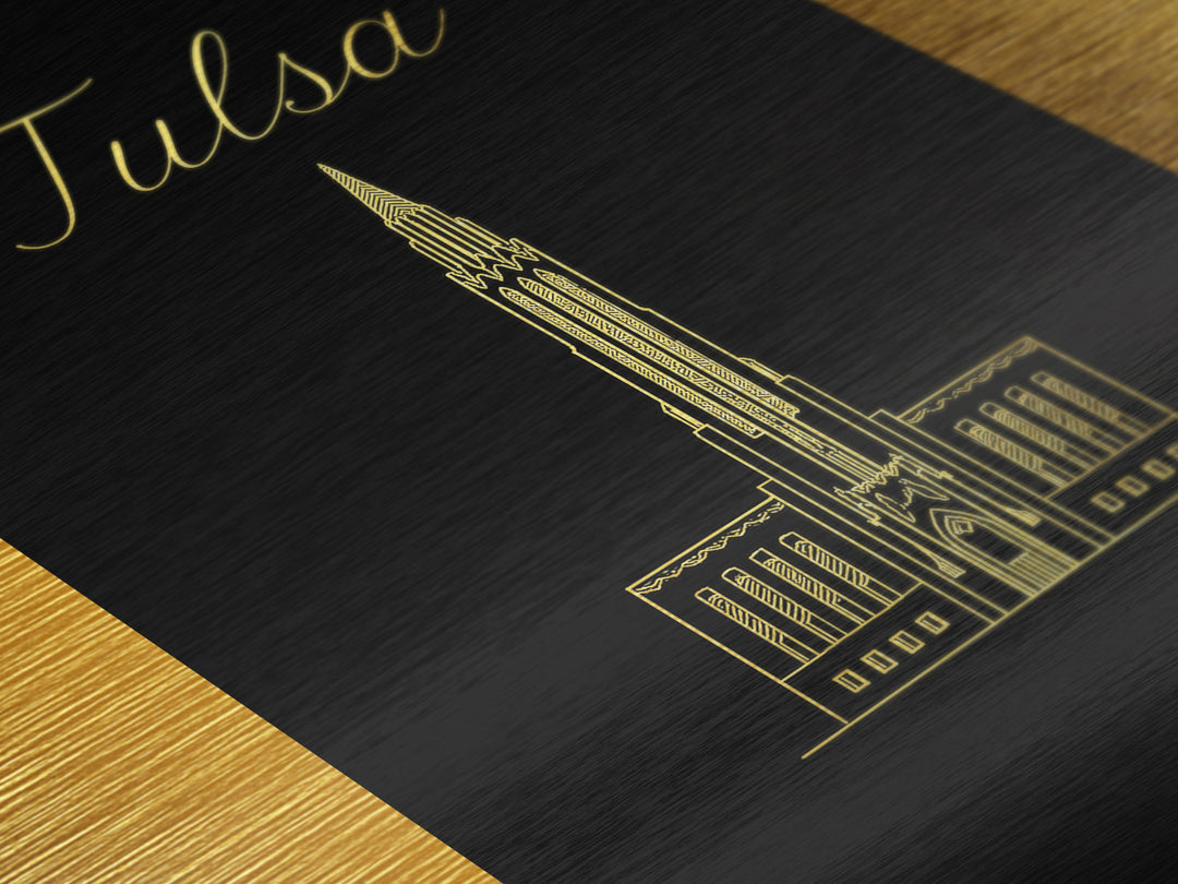 Tulsa Oklahoma Travel, Metallic Gold Print, Wood Framed Art, Metal Art, Modern Wall Art, Retirement Travel Gift, Office Decor