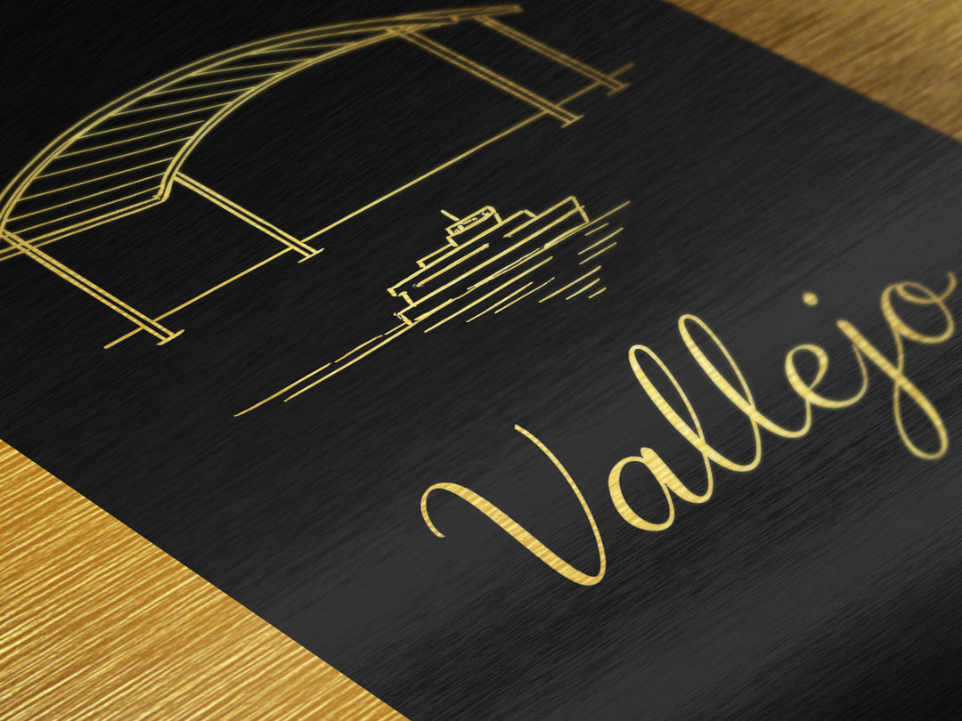 Vallejo California Travel, Metallic Gold Print, Wood Framed Art, Metal Art, Minimalist Wall Art, Retirement Travel Gift, Home Decor