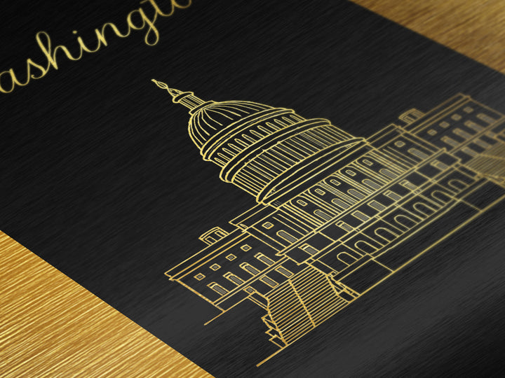 Washington DC Art, Metallic Gold Art, Wood Framed Art, Metal Art, Modern House Art, Wanderlust Gift, Office Decor