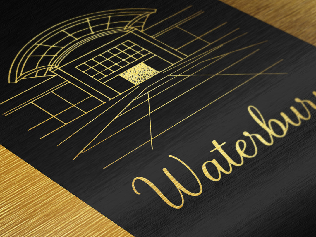 Waterbury Connecticut Travel, Metallic Gold Print, Wood Framed Art, Metal Art, Minimalist Wall Art, Honeymoon Gift, Living Room Decor