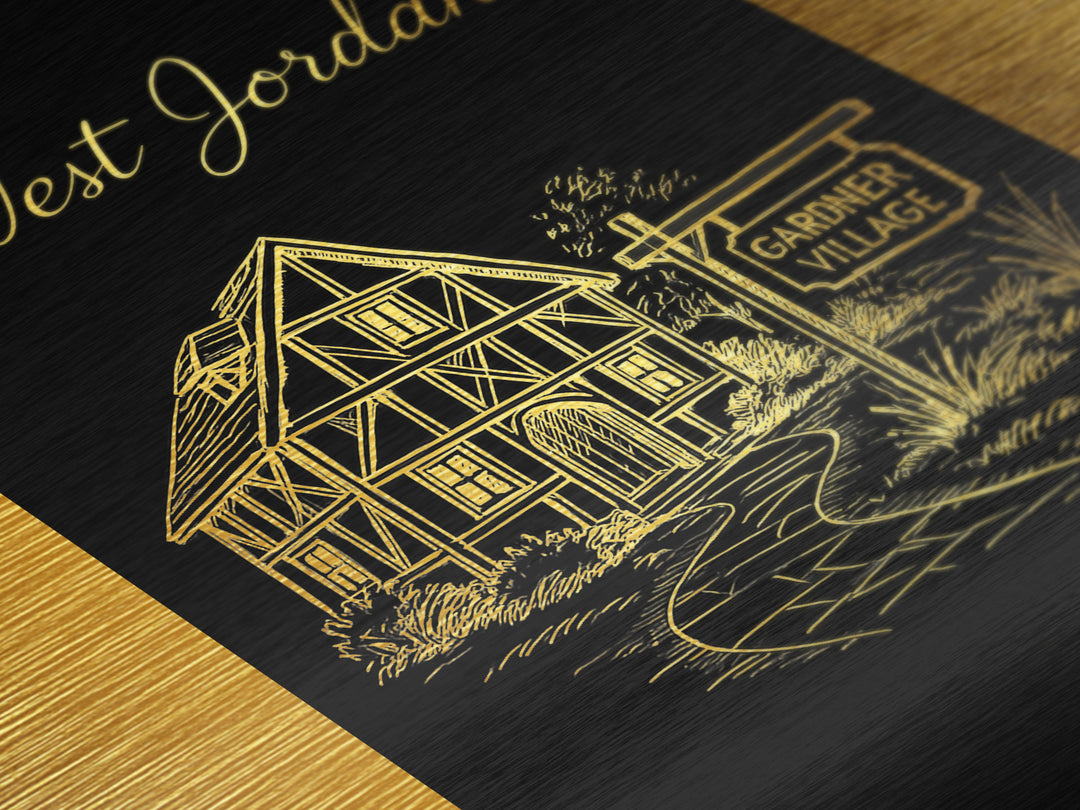 West Jordan Utah Art, Metallic Gold Art, Wood Framed Art, Metal Art, Modern House Art, Birthday Travel Gift, Living Room Decor