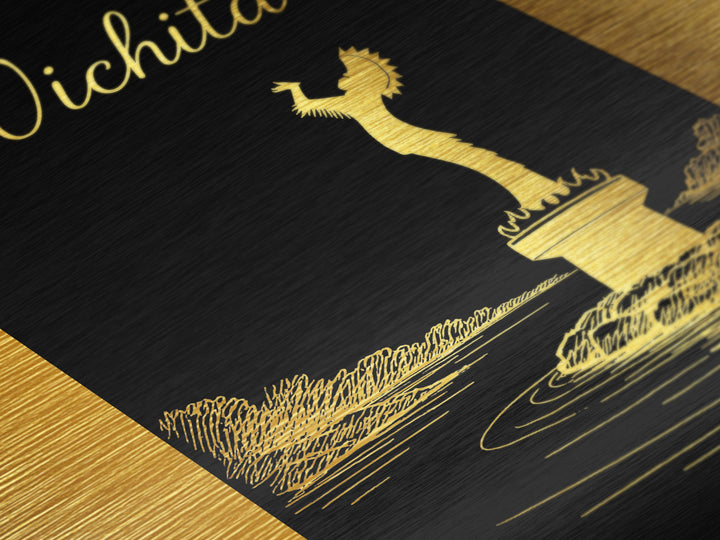 Wichita Kansas Travel, Metallic Gold Print, Wood Framed Art, Metal Art, Minimalist Wall Art, Destination Gift, Home Decor