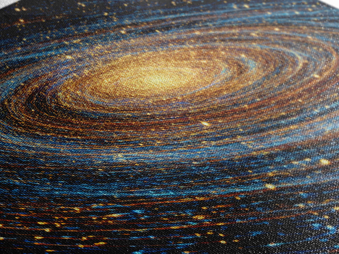 Blue Gold Spiral Galaxy Framed Canvas Print, Cosmic Space Wall Art, Modern Abstract Poster, Large Sci Fi Decor For Living Room