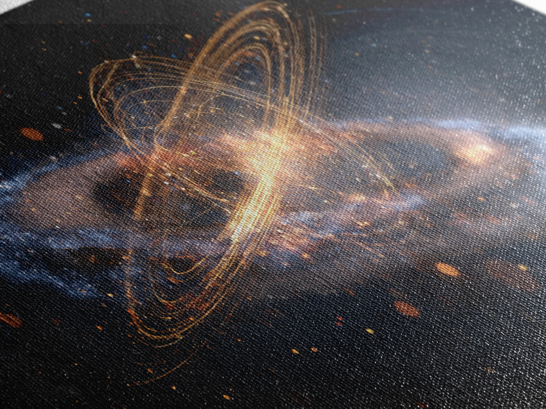 Golden Cosmic Galaxy Wall Art, Saturn Ring Space Abstract Poster, Modern Sci Fi Decor, Large Canvas Print For Home Office