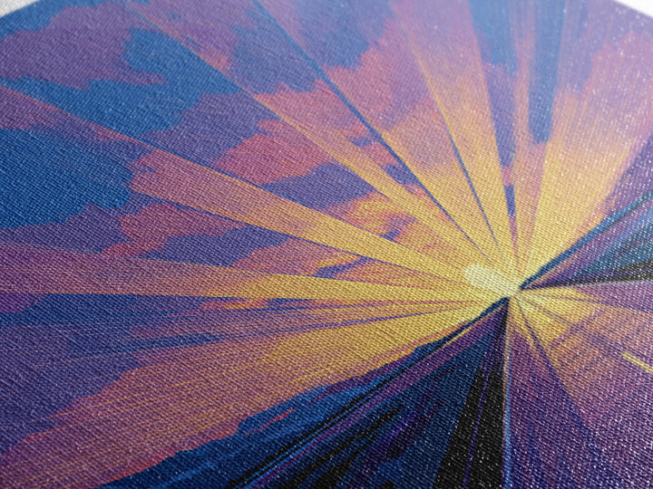 Radiant Road Sunset Canvas Print, Purple Blue Horizon Rays, Retro Travel Poster, Modern Wall Art, Midcentury Decor, Home Office Art