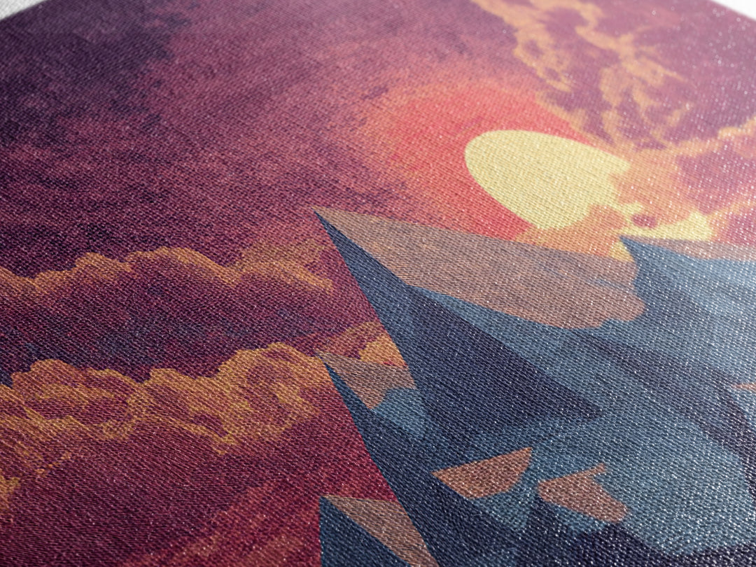 Textured Purple Mountain Sunset Wall Art, Retro Midcentury Modern Landscape Print, Scenic Bedroom Decor, Framed Canvas Print