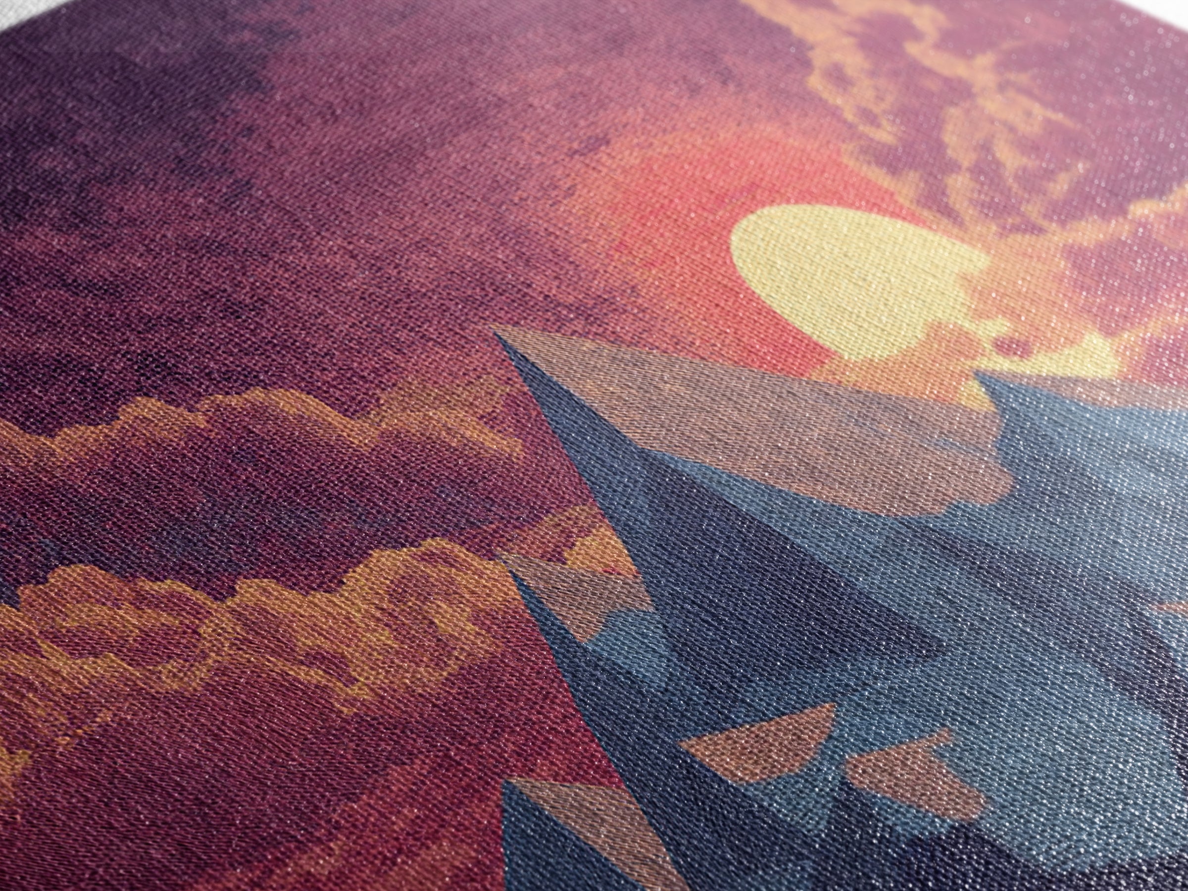 Textured Purple Mountain Sunset Wall Art, Retro Midcentury Modern Landscape Print, Scenic Bedroom Decor, Framed Canvas Print