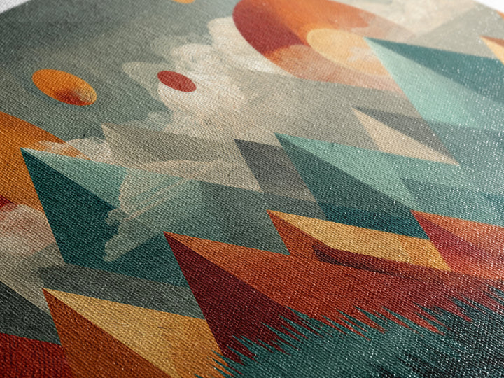 Orange Teal Geometric Mountain Suns Wall Art, Midcentury Modern Abstract Landscape Print, Retro MCM Home Decor, Canvas Print