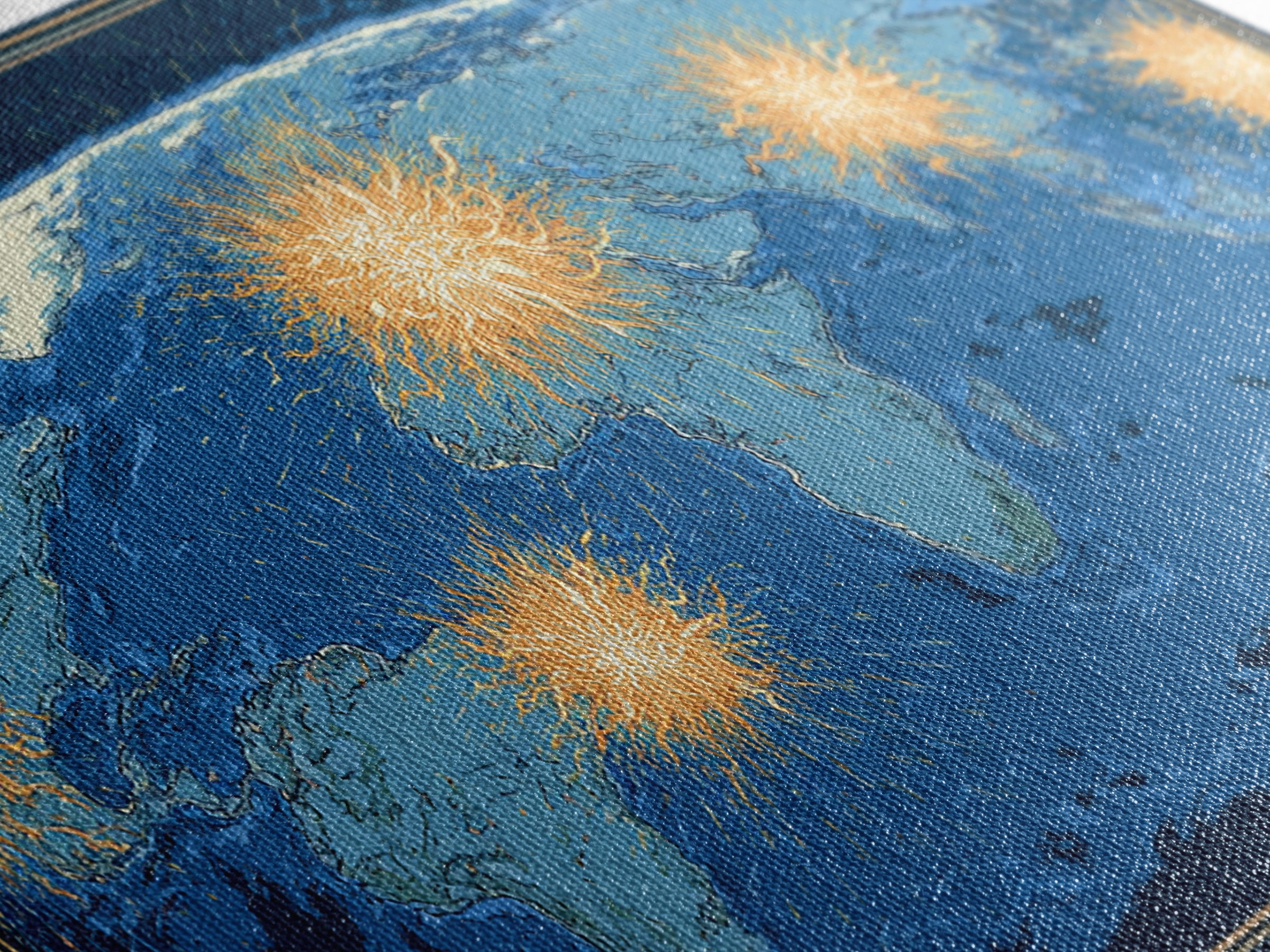 Blue World Map With Orange Network Bursts Wall Art, Modern Global Travel Print, Large Home Office Decor, Framed Canvas Print