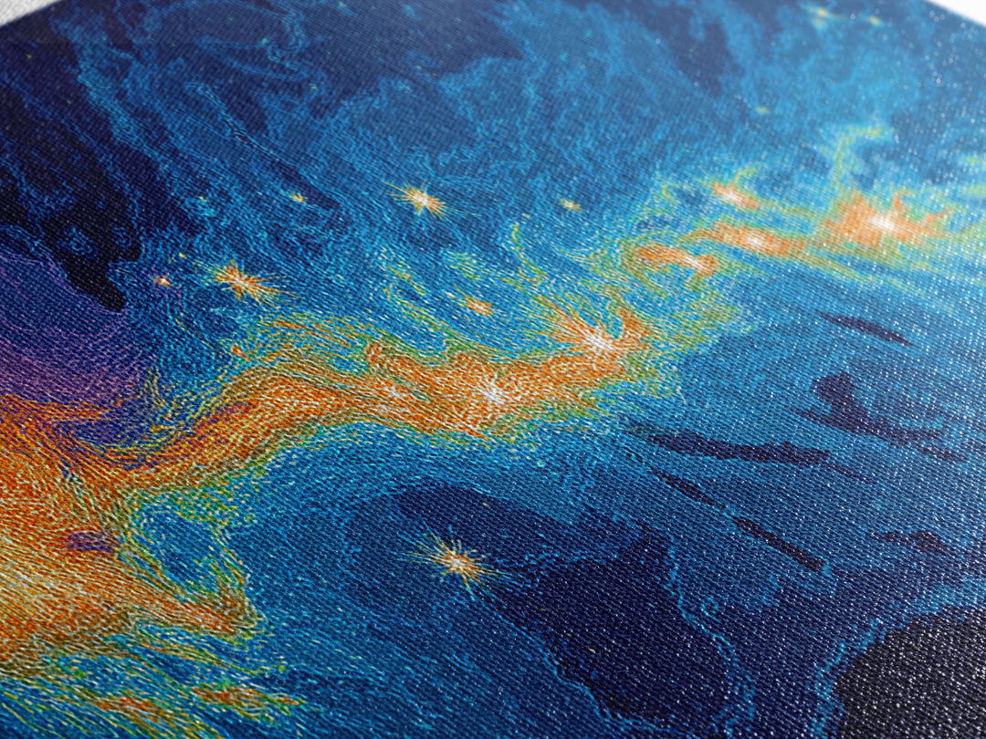Cosmic Energy Map Wall Art, Blue Orange Abstract Poster, Modern Digital Art Print, Sci Fi Travel Decor For Bedroom And Office