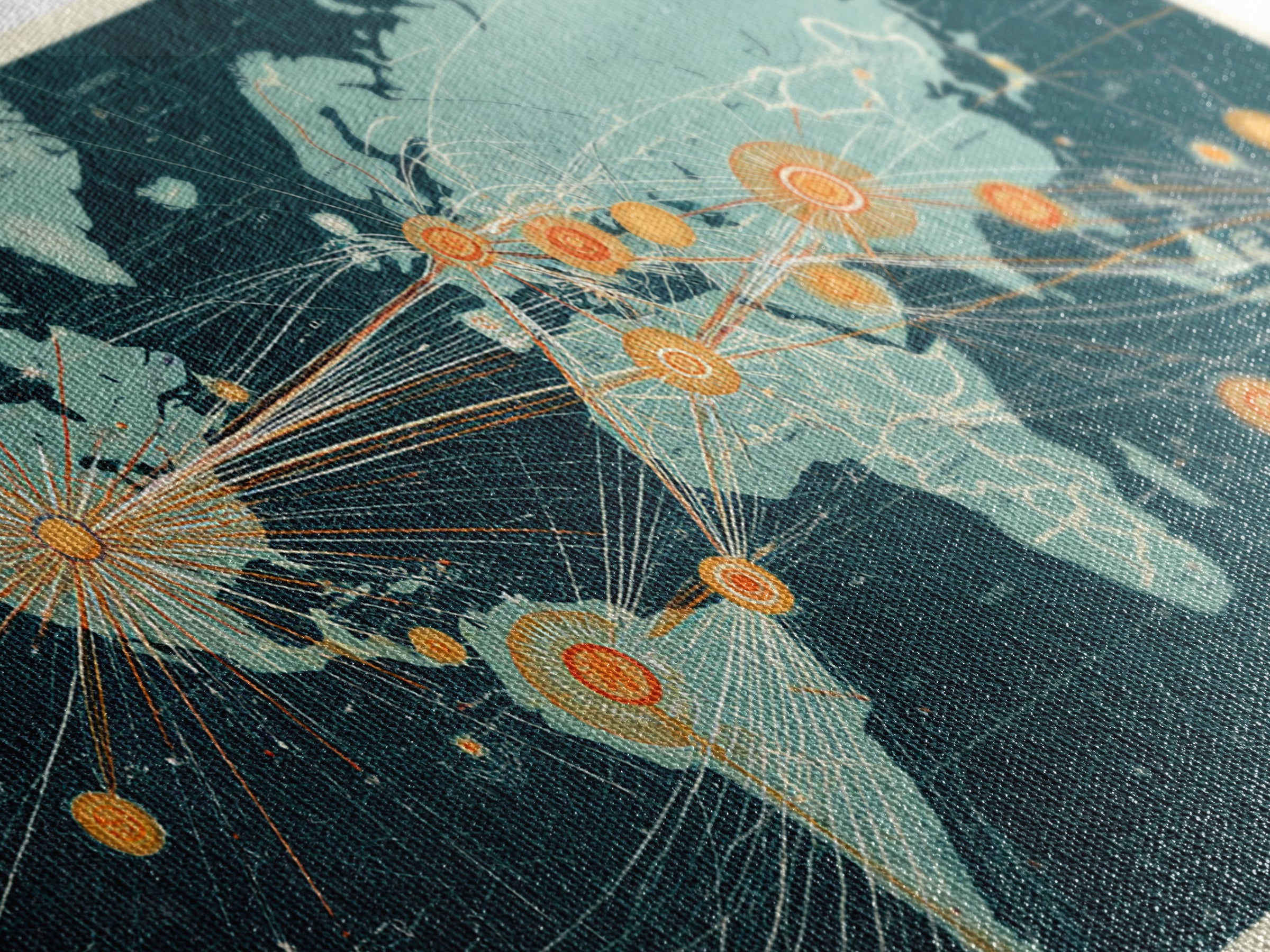 Teal Orange World Map Wall Art, Midcentury Modern Travel Print, Global Network Poster For Office Decor And Living Room Decor