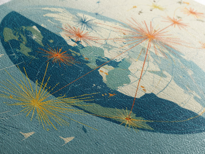 Split Globe Network Wall Art, Midcentury Modern Travel Print, Retro World Map Poster With Starbursts For Home Office Decor