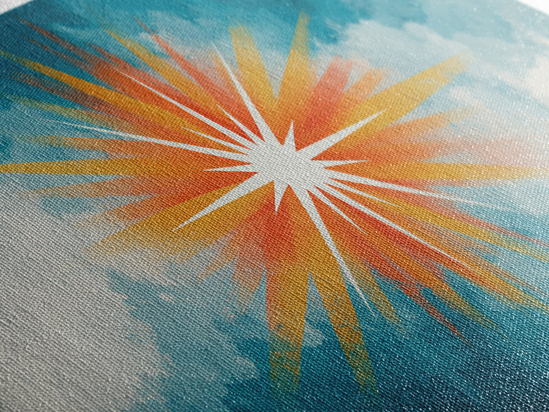 Teal Cloud Sunrise Starburst Canvas Print, Midcentury Modern Nature Wall Art, Retro Sun Poster, Colorful Scenic MCM Decor