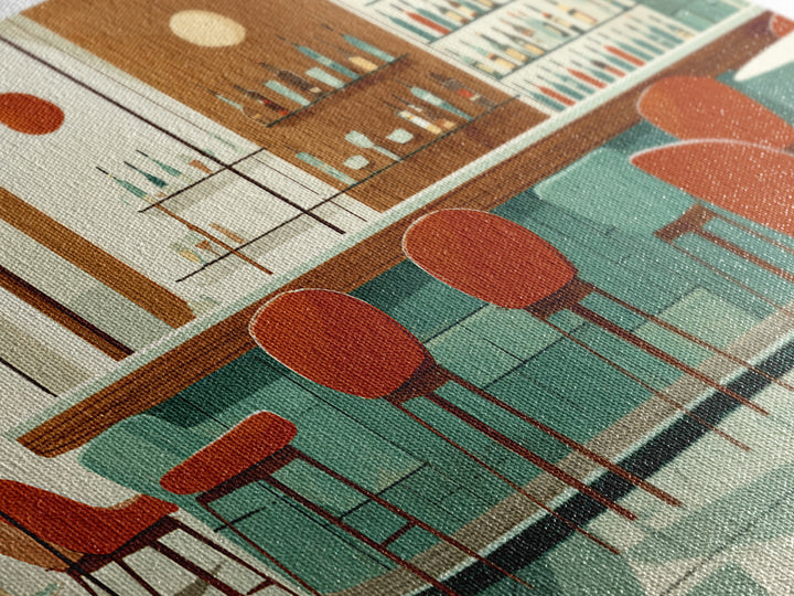 Retro Cocktail Bar With Red Chairs And Teal Cabinets, Mid Century Modern Wall Art, MCM Lounge Decor, Canvas Style Print Gift