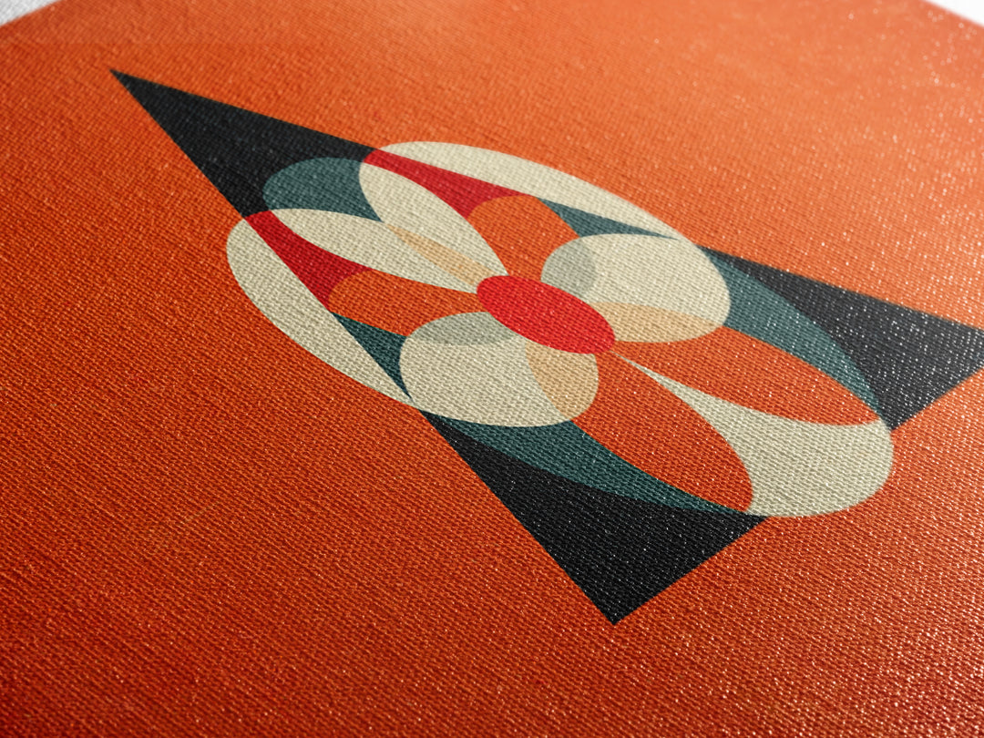 Orange Geometric Flower In Black Triangle, Mid Century Modern Canvas Print, Atomic Bauhaus Wall Decor, Abstract MCM Poster