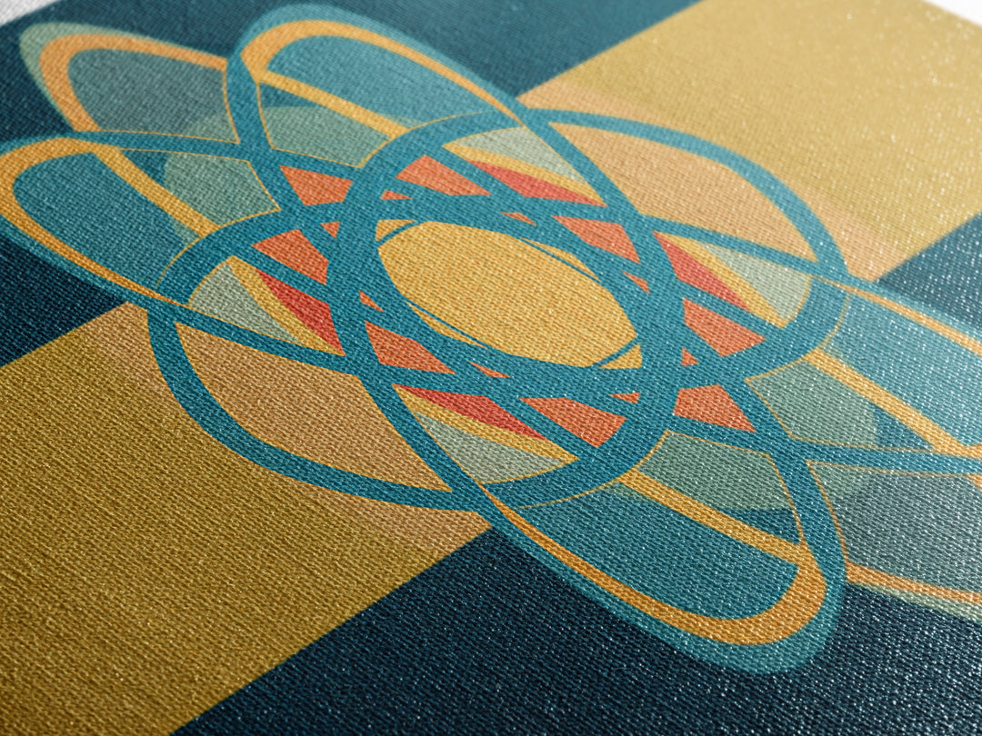 Teal And Gold Atomic Orbit Abstract, Mid Century Modern Wall Art, Retro Science Decor, Geometric MCM Canvas Print Poster