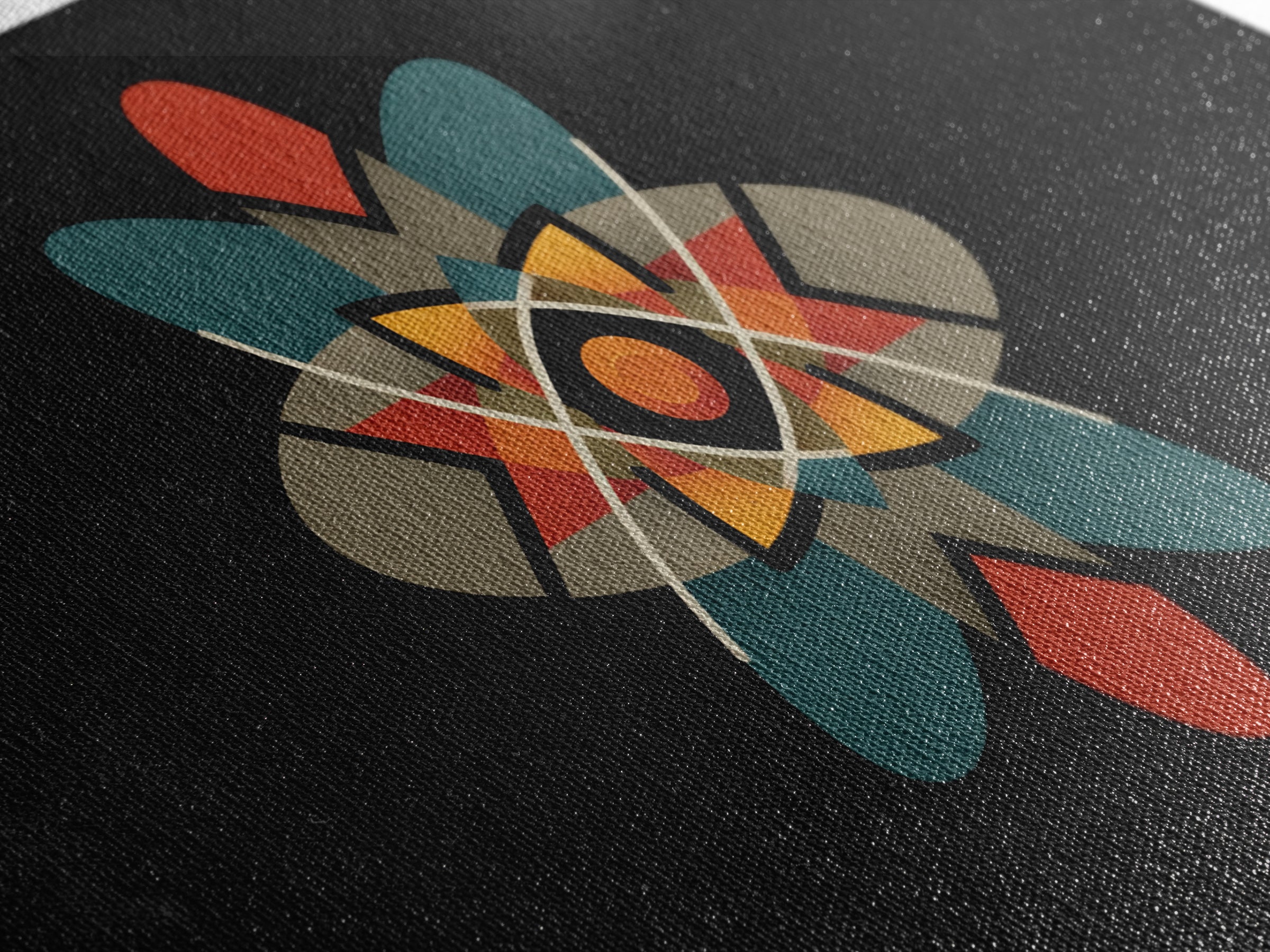 Black Atomic Starburst With Teal Orange Shapes, Mid Century Modern Canvas Print, Retro Space Wall Art, Geometric MCM Decor