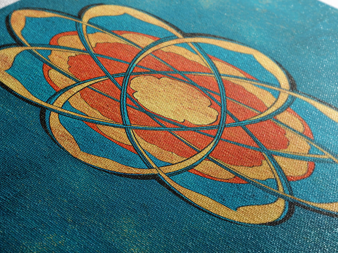 Teal And Orange Atomic Flower Mandala, Mid Century Modern Wall Art, Geometric Abstract Decor, Retro MCM Canvas Print Poster