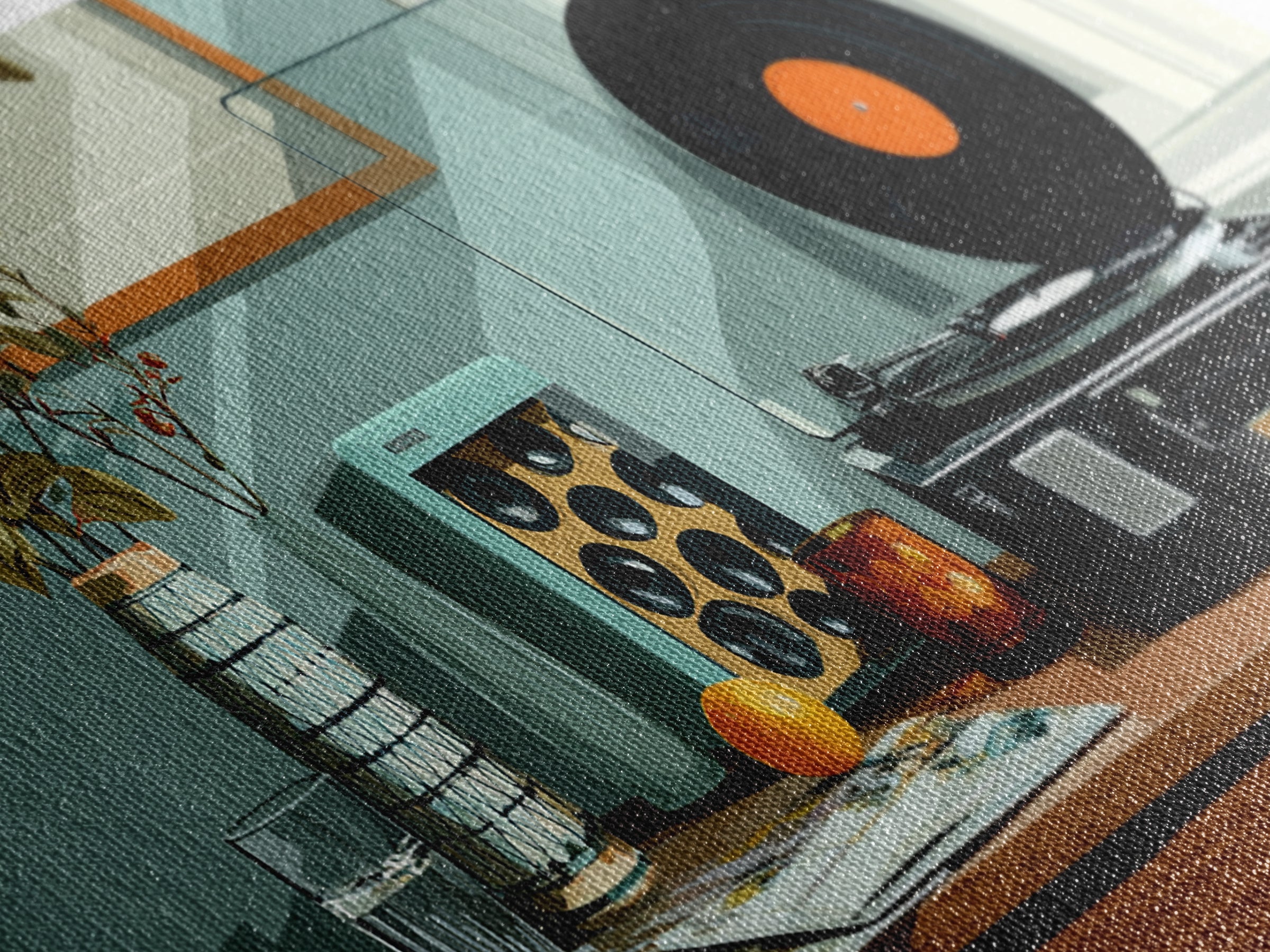 Modern Record Player And Plant Framed Canvas Print, Mid Century Modern Wall Art, Retro Vinyl Decor For Office Or Music Room