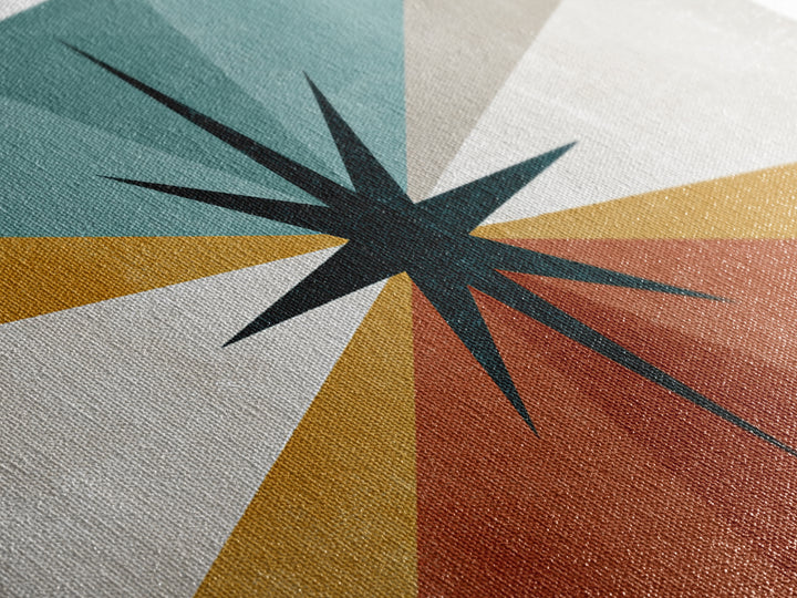 Compass Star Geometric Abstract Wall Art, Mid Century Modern Atomic Poster, Retro MCM Canvas Print, Teal Orange Wall Decor