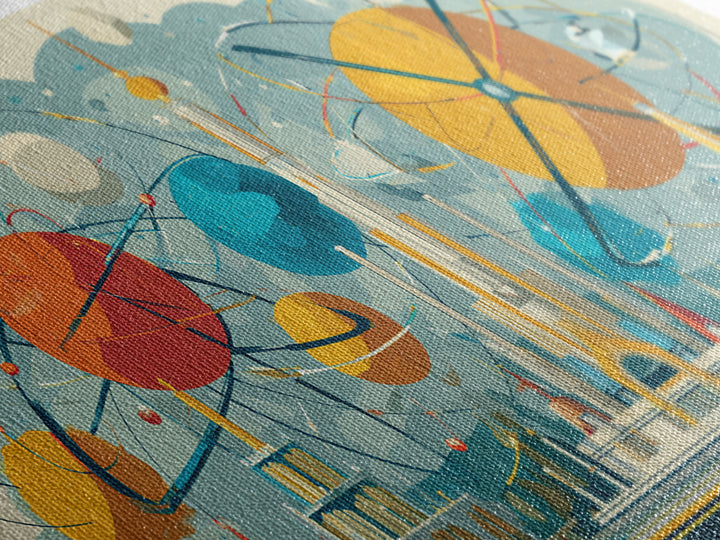Atomic Planets Over Futuristic Fair City Wall Art, Midcentury Modern Art, Retro Space Poster, MCM Decor, Geometric Canvas Print