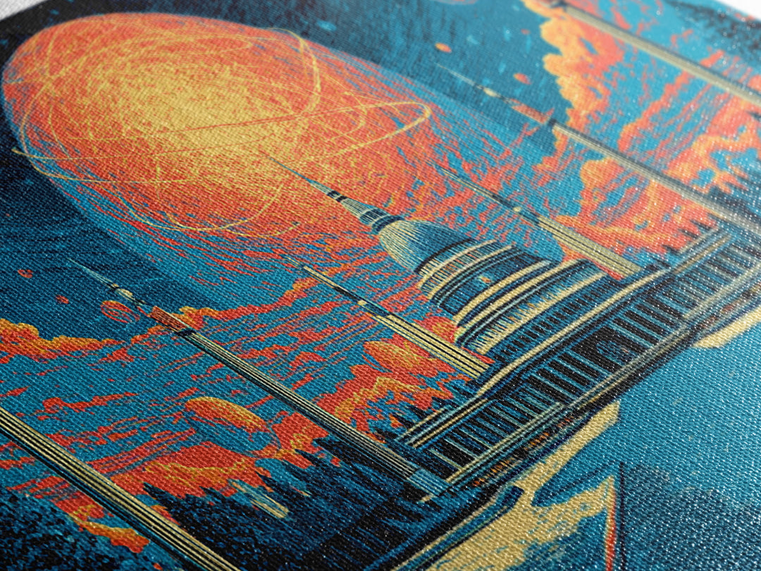 Glowing Orange Planet Over Capitol Skyline Wall Art, Retro Sci Fi Poster, Washington DC Decor, Atomic Midcentury Canvas Print