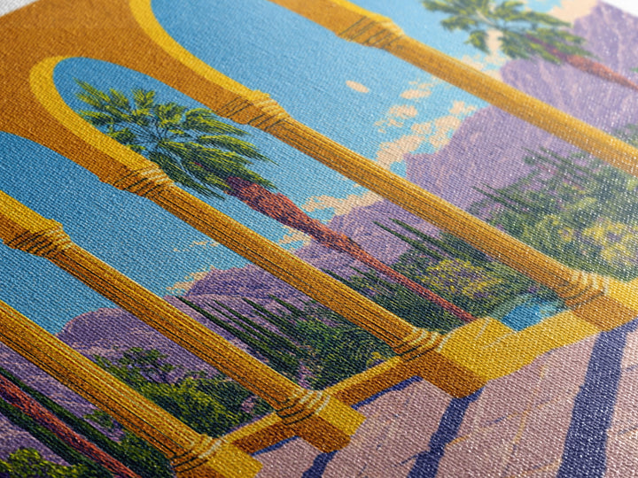 Golden Arcade Arches With Palms And Purple Mountains Wall Art, Midcentury Modern Travel Poster, Retro Palm Springs Decor