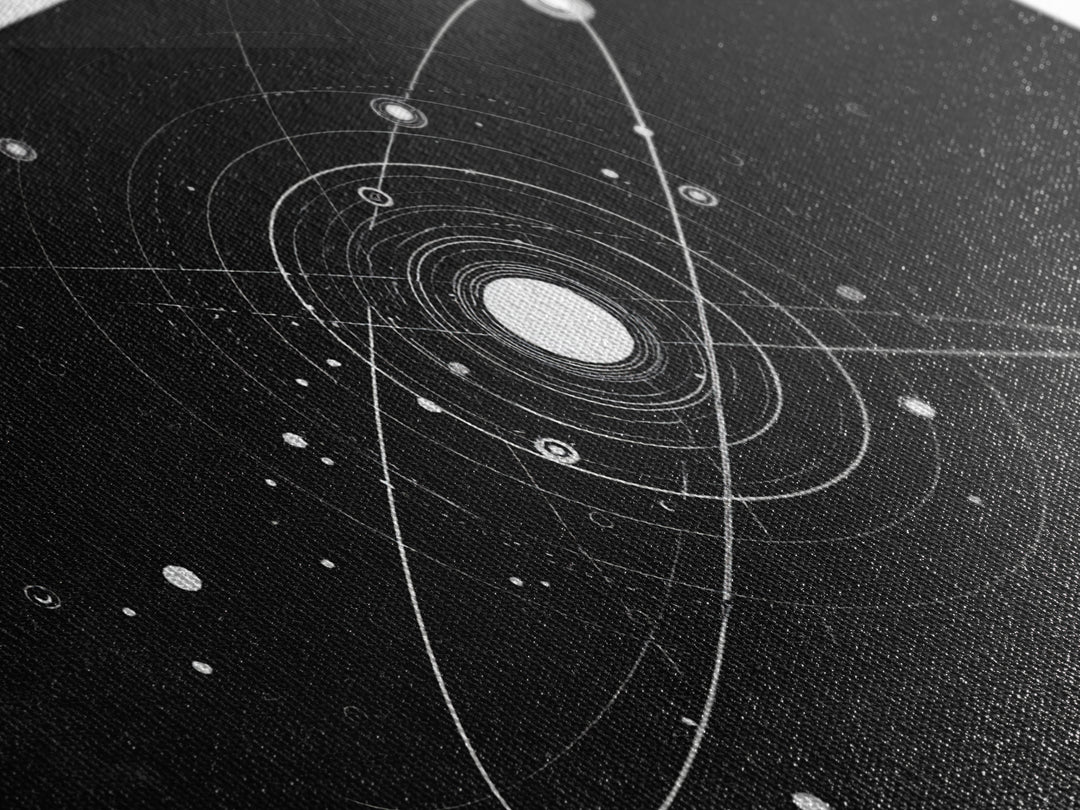 White Orbital Solar System On Black Canvas Print, Space Abstract Art, Atomic Midcentury Decor, Sci Fi Office Wall Decor Print