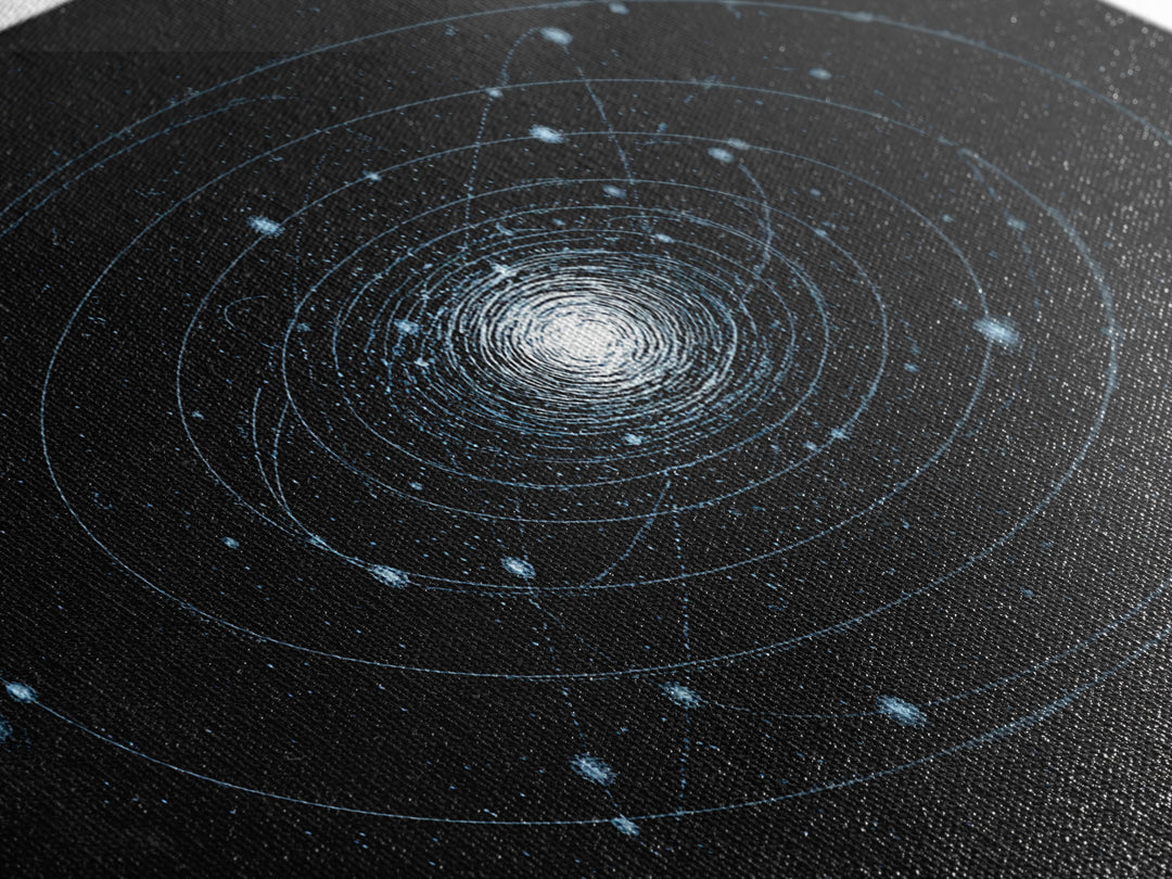 Blue Spiral Galaxy Orbits On Black Canvas Print, Space Abstract Wall Art, Cosmic Modern Decor, Sci Fi Office Poster Print