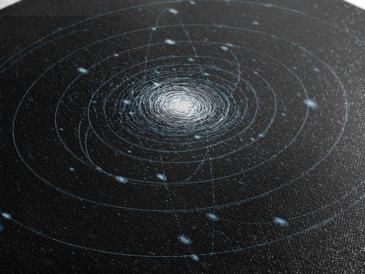 Blue Spiral Galaxy Orbits On Black Canvas Print, Space Abstract Wall Art, Cosmic Modern Decor, Sci Fi Office Poster Print