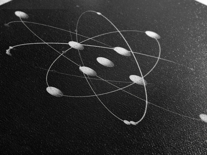 White Atomic Model On Black Canvas Print, Science Space Wall Art, Midcentury Modern Decor, Minimalist Office Poster Print