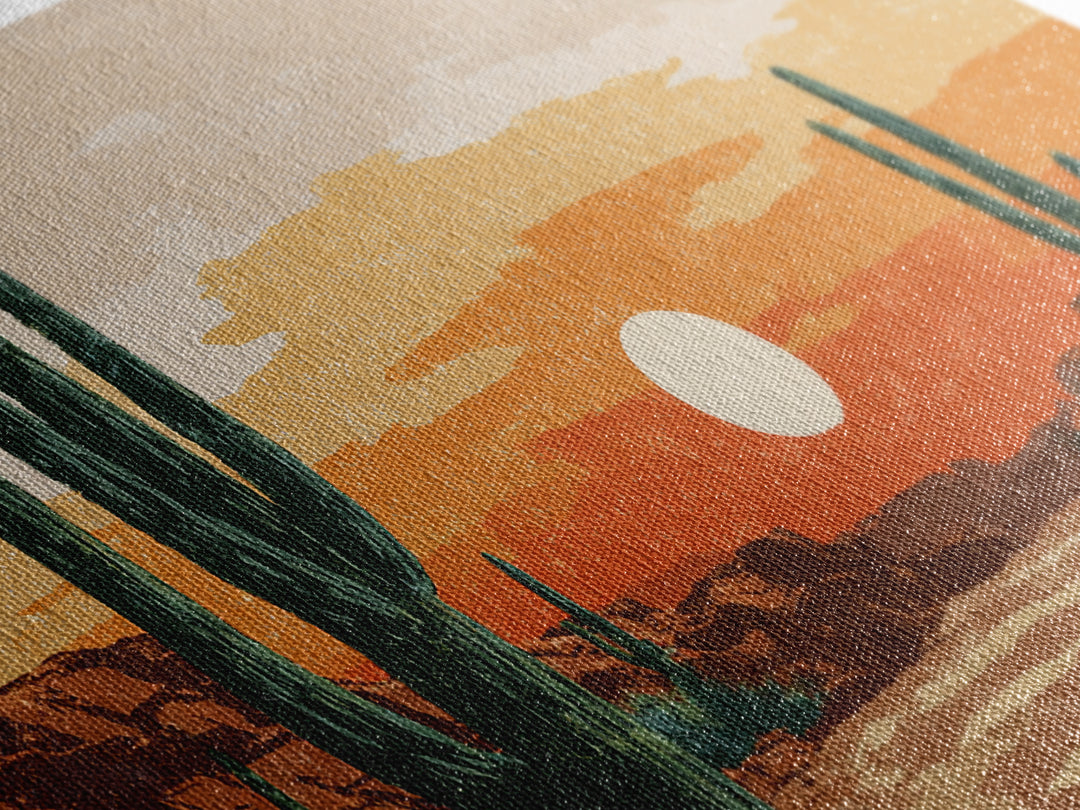 Saguaro Desert Sunset Canvas Print, Midcentury Wall Art, Retro Southwestern Decor, Orange Cactus Landscape Poster Gift For Home