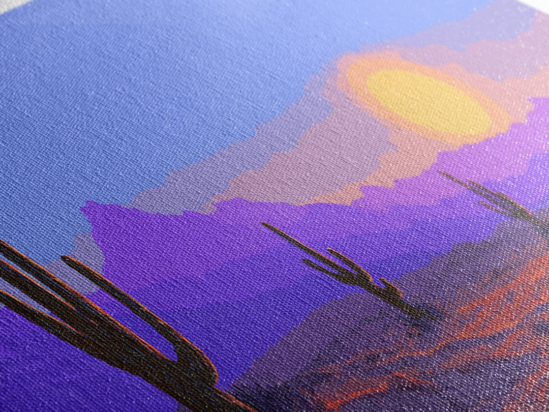 Purple Desert Mountains Canvas Print, Retro Cactus Sunset Wall Art, Midcentury Modern Landscape Poster, Colorful Home Decor