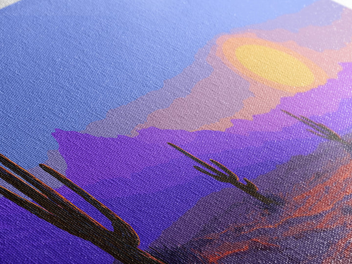 Purple Desert Mountains Canvas Print, Retro Cactus Sunset Wall Art, Midcentury Modern Landscape Poster, Colorful Home Decor