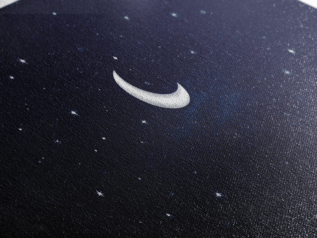 White Crescent Moon And Stars Wall Art, Dreamy Navy Celestial Night Sky Print, Minimalist Space Decor For Bedroom Or Nursery