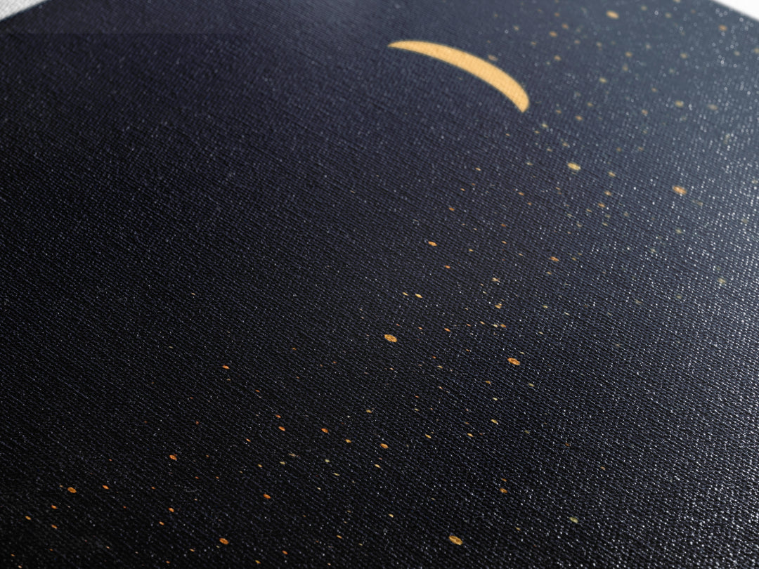 Golden Crescent Moon And Stars Wall Art, Mystical Dark Navy Celestial Print, Boho Night Sky Decor For Bedroom, Nursery, Gallery