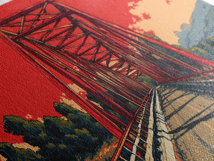 Red Steel Bridge At Sunset Wall Art, Retro Travel Poster Print, Bold Landscape Decor, Scenic Road Art For Office Or Man Cave