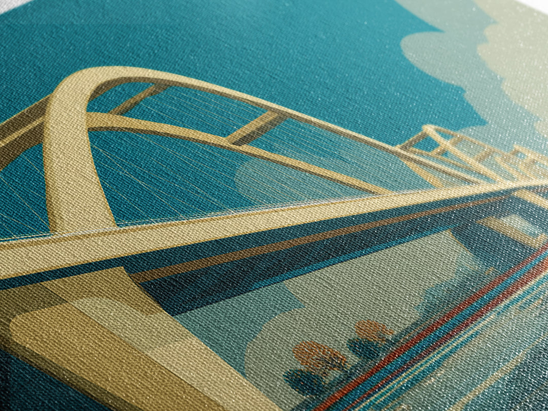 Modern Arched Bridge Reflection Canvas Print, Midcentury Landscape Wall Art, Architectural Calm Water Decor For Living Room
