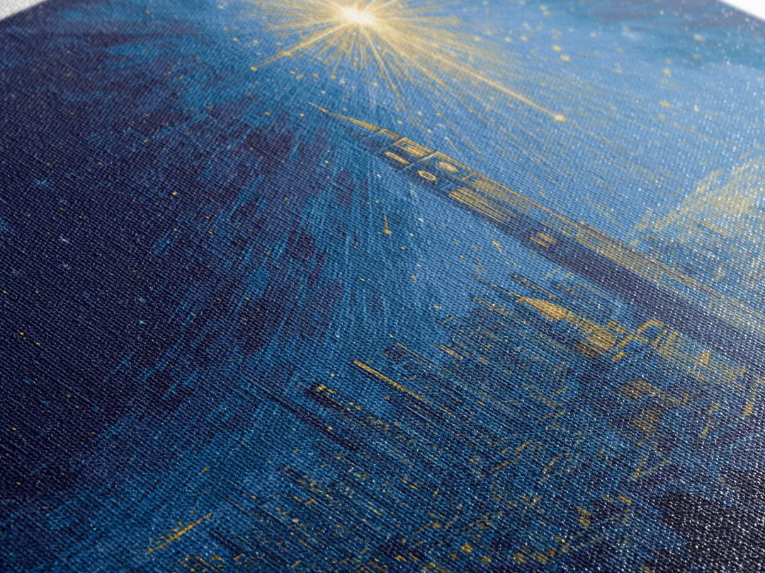 Blue City Skyline Starburst Canvas Print, Midcentury Modern Night Art, Celestial Urban Poster, Home Office Wall Decor Gift