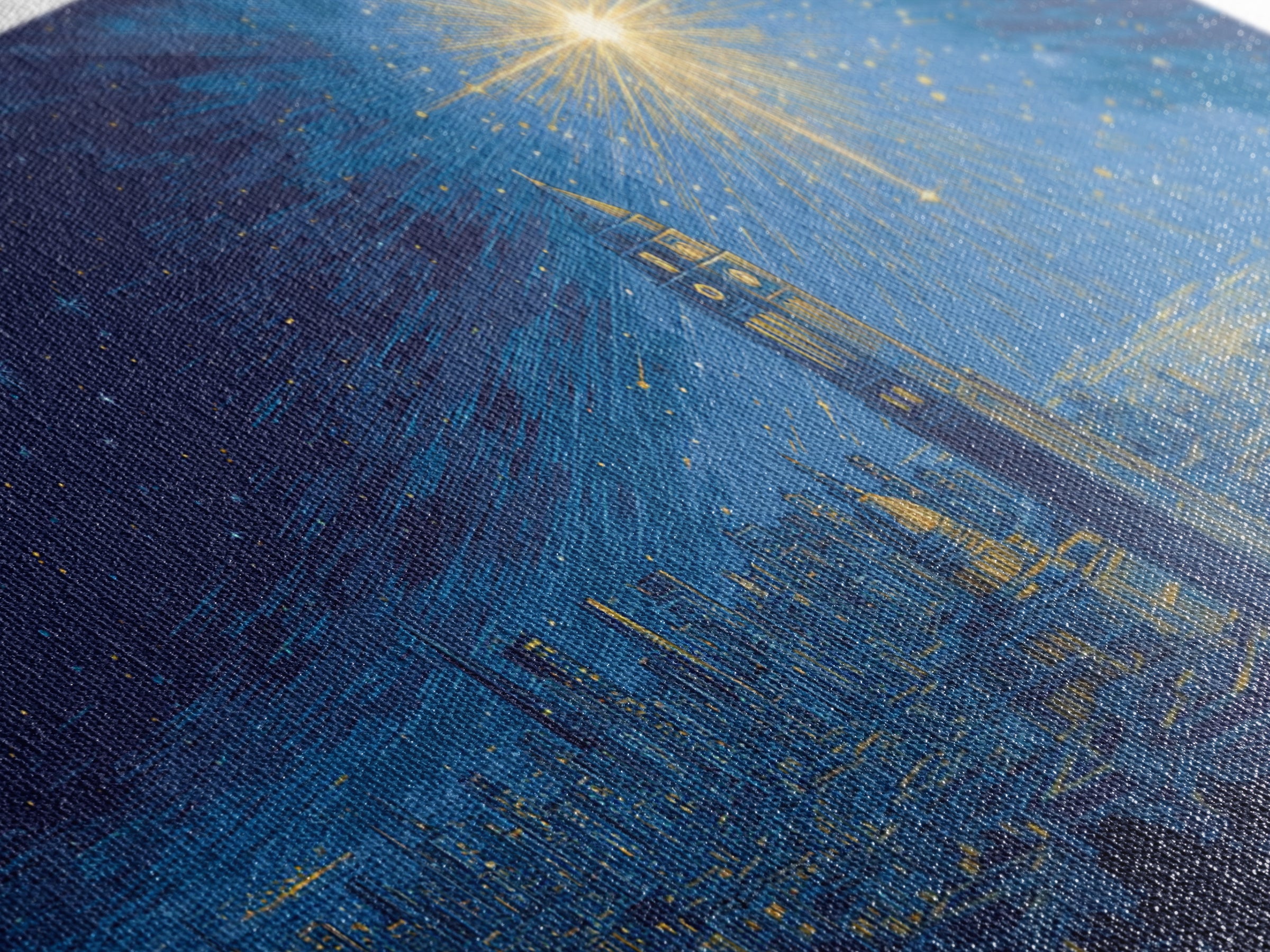Blue City Skyline Starburst Canvas Print, Midcentury Modern Night Art, Celestial Urban Poster, Home Office Wall Decor Gift