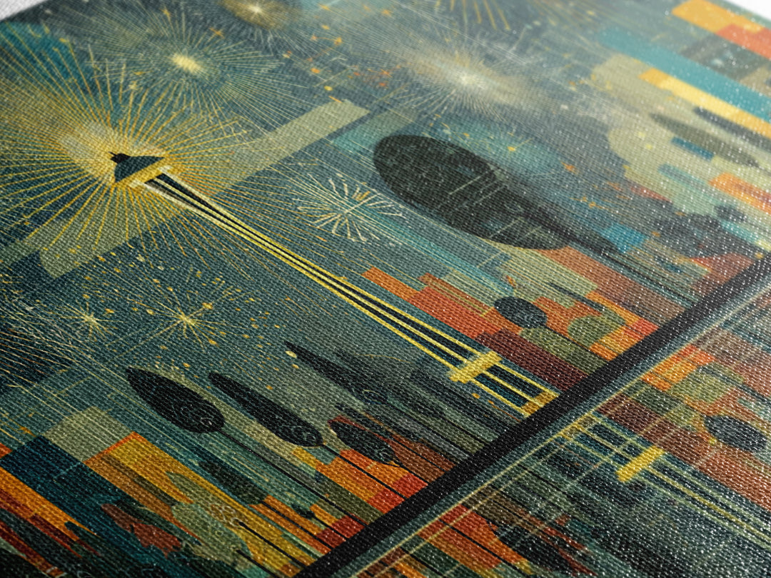Seattle Space Needle Fireworks Wall Art, Midcentury Modern Cityscape Print, Retro Skyline Poster, Living Room Office Decor