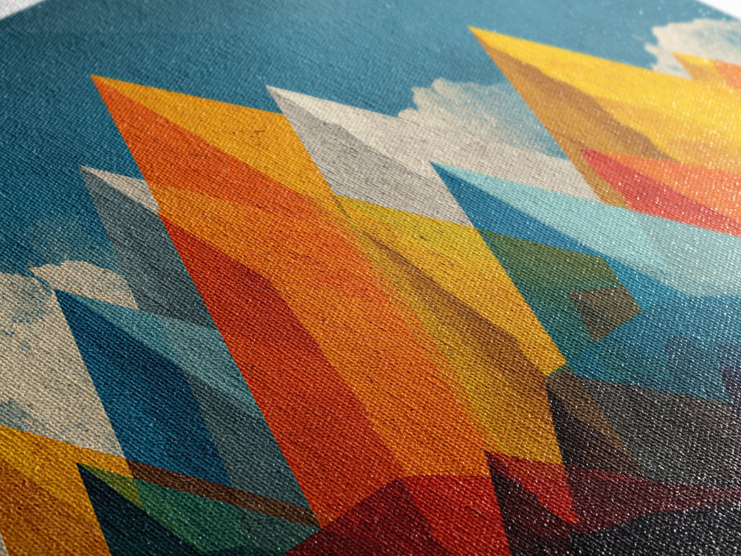 Orange Blue Geometric Mountain Wall Art, Abstract Desert Landscape Print, Midcentury Modern Poster, Bold Home Office Decor