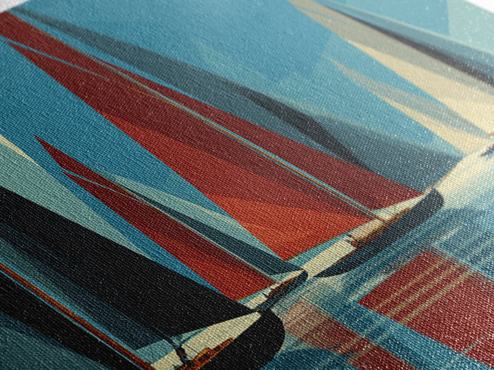 Abstract Sailboat Regatta Canvas Print, Midcentury Modern Nautical Wall Art, Blue Red Coastal Poster, Beach House Home Decor