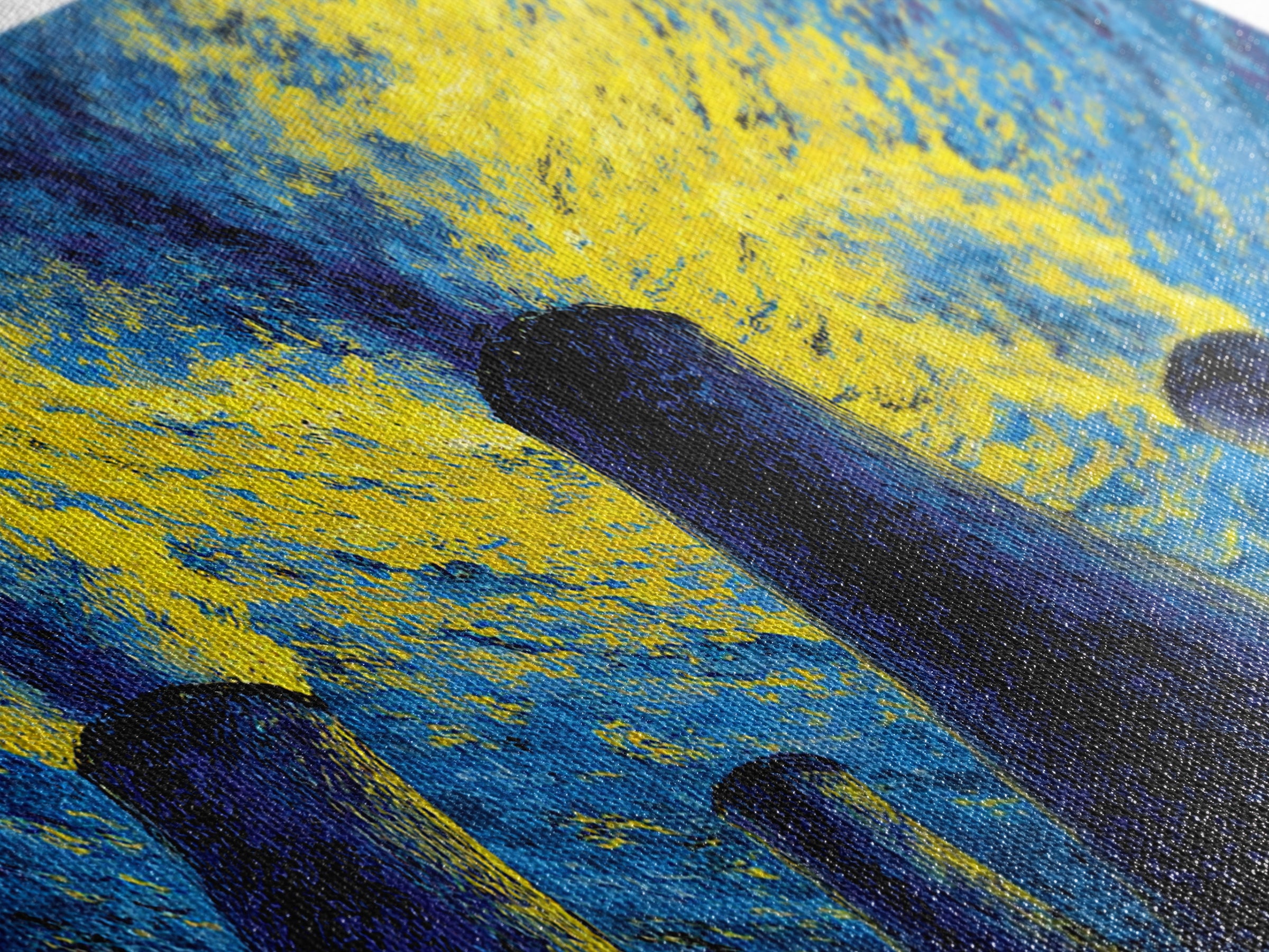 Blue Yellow Cooling Towers Canvas Print, Industrial Night Sky Wall Art, Modern Abstract Decor, Retro Sci Fi Poster Print