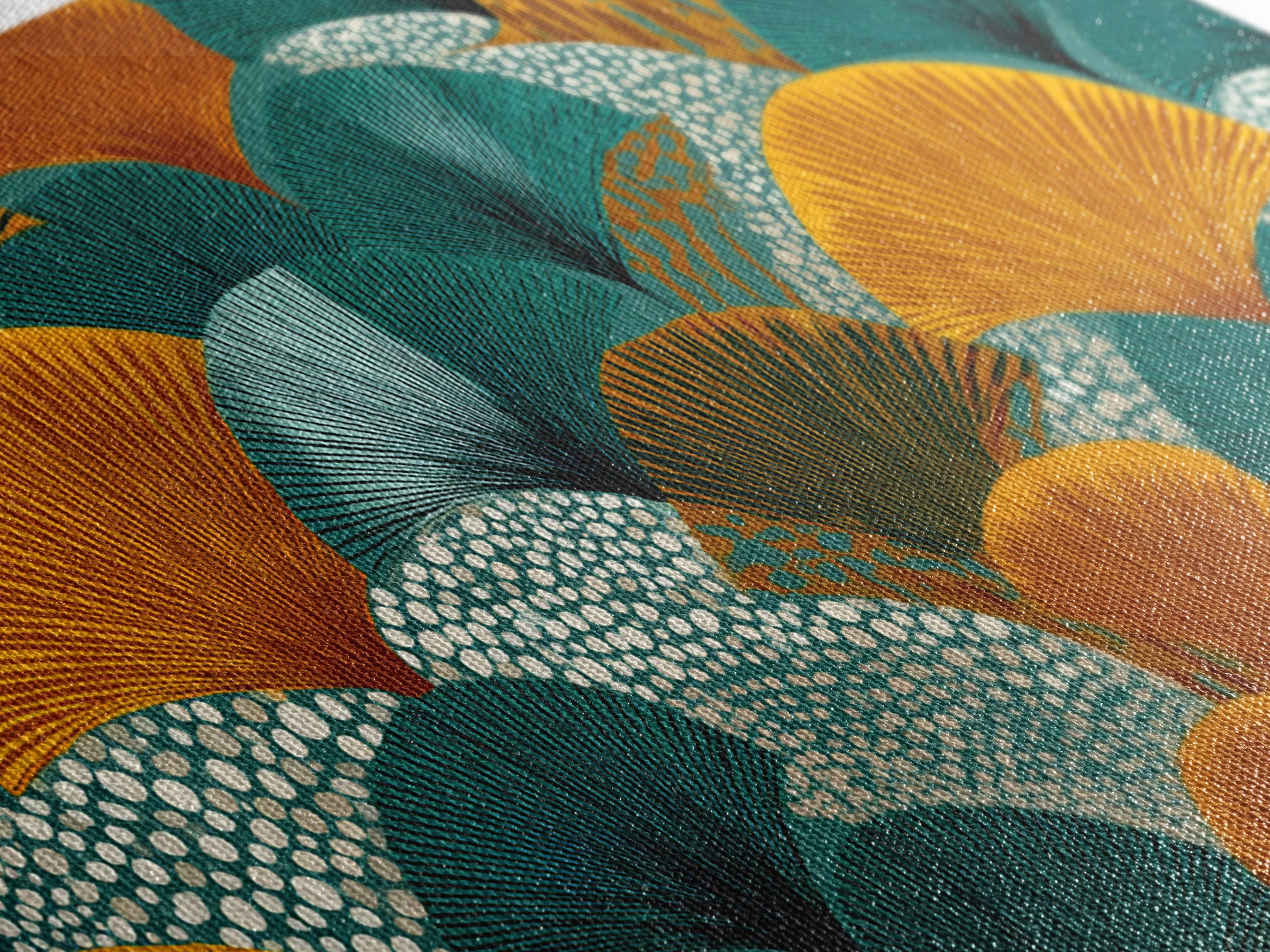 Ginkgo Fan Leaves In Teal Mustard And Aqua Canvas Print, Midcentury Modern Botanical Wall Art, Art Deco Pattern Decor Poster