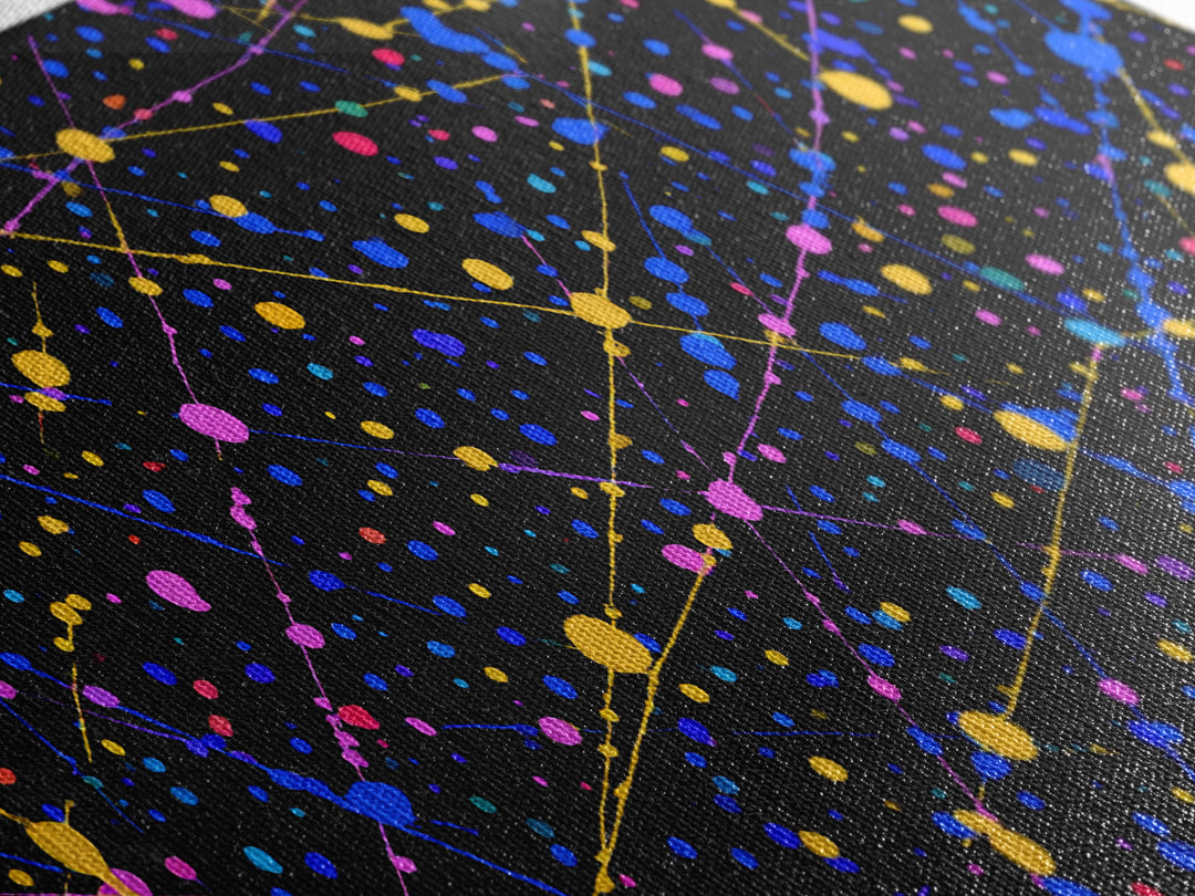 Black Cosmic Splatter Network With Pink Blue Gold Dots Wall Art, Retro Modern Abstract Art Print, Space Abstract Living Room Decor