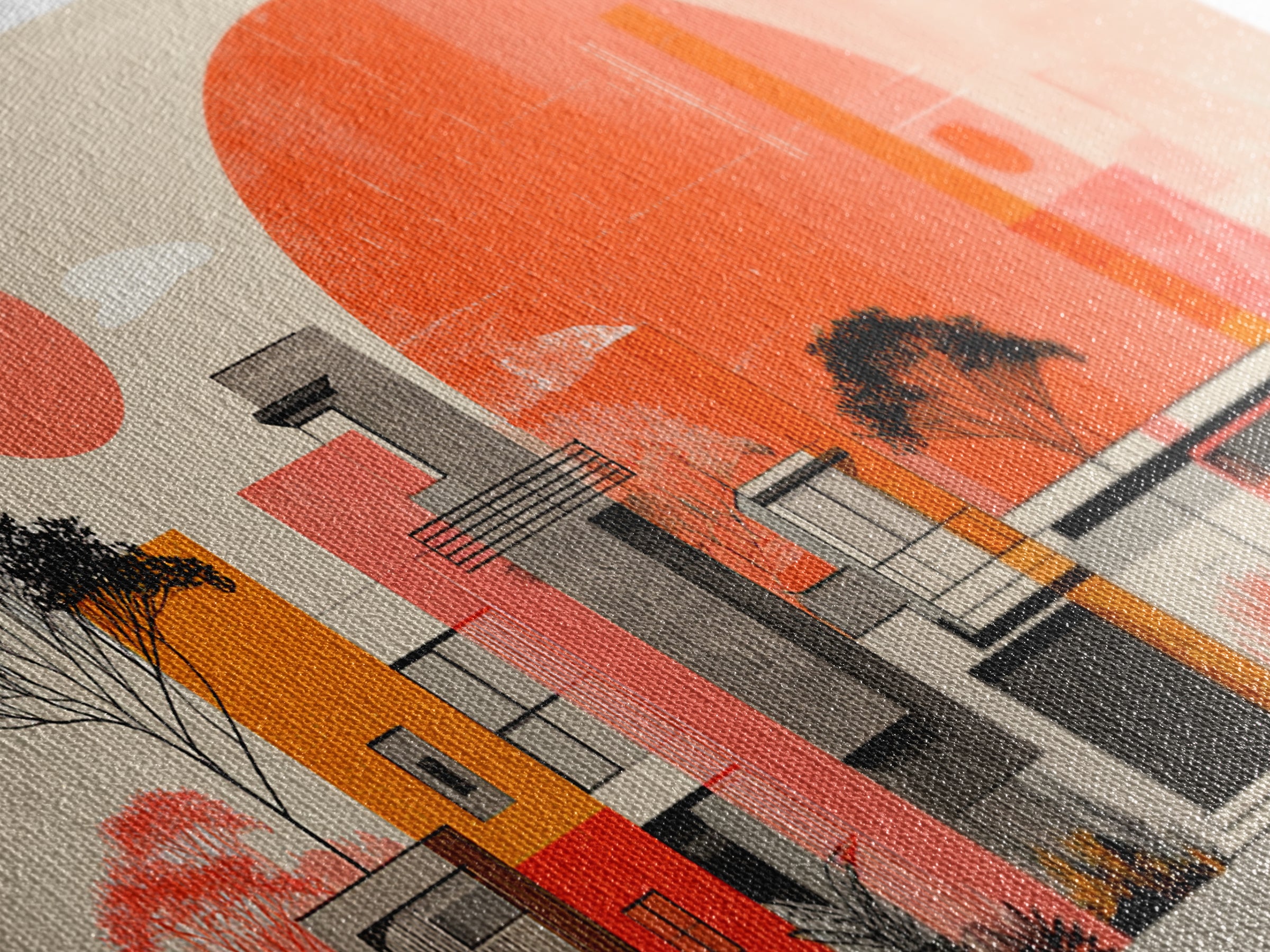 Orange Modernist Architecture And Red Sun Wall Art, Mid Century Modern Decor, Abstract Desert Print, Bauhaus Style Poster