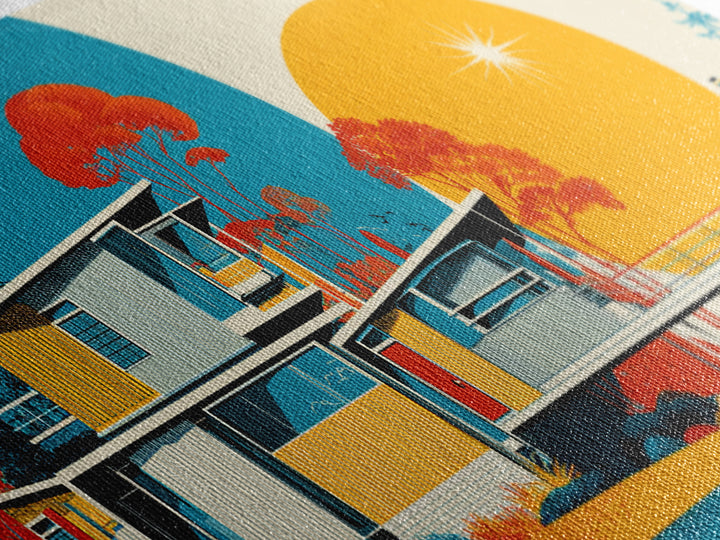 Midcentury House With Teal Arch And Golden Sun Wall Art, Mid Century Modern Decor, Retro Geometric Poster, Orange Print Gift