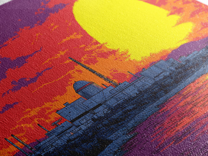 Purple Sunset Nuclear Plant Canvas Print, Retro Futurist Industrial Poster, Midcentury Modern Wall Art, Orange Lake Decor